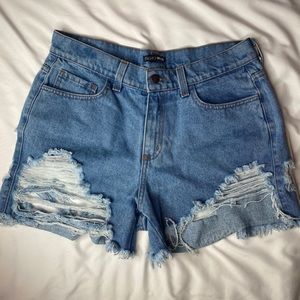 High waisted denim distressed shorts